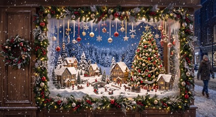 Fototapeta premium A decorated wooden window frame offers a magical view of a cozy winter wonderland village filled with snow capped houses and glowing Christmas trees