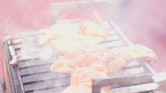 Hand Basting Juicy Barbecue Chicken with Sauce on Grill Close Up