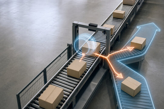 Warehouse parcel sorting conveyor with route overlay