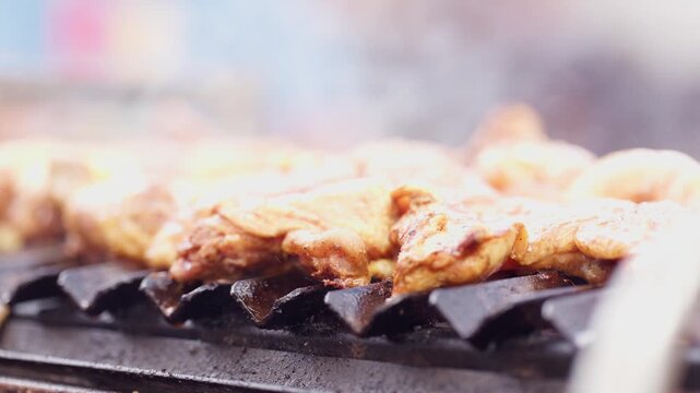 Close Up of Delicious Seasoned Chicken Sizzling on BBQ Grill Grate