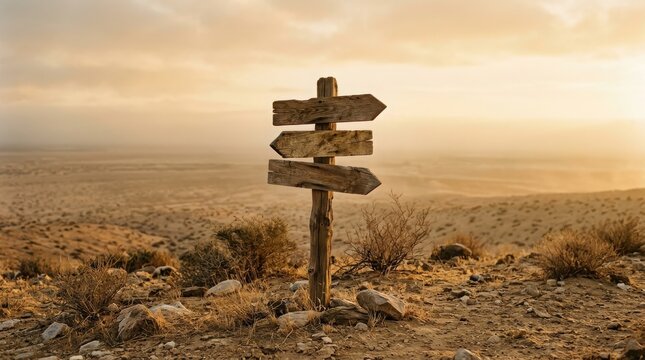 Blank wooden signpost in a vast, arid desert landscape at golden hour, symbolizing unknown future