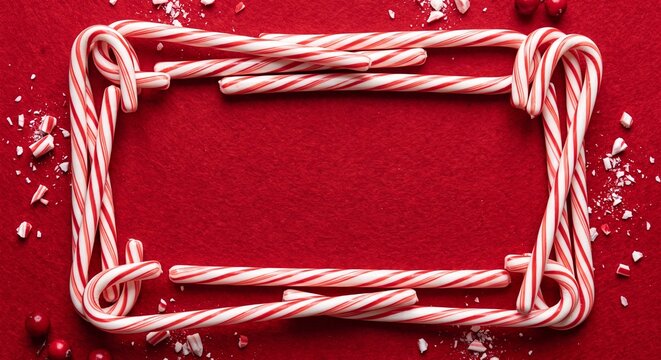 A rectangular frame made of classic striped candy canes on a vibrant red background with central copy space