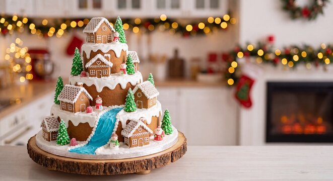 A elaborate gingerbread house cake displayed on a wooden stand in a warm Christmas living room with blurred background