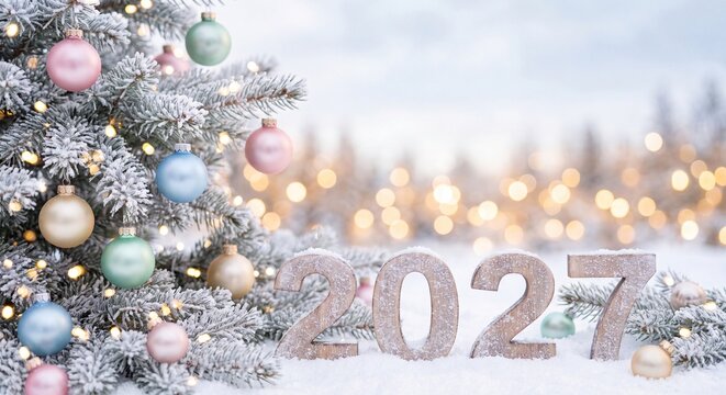 The year 2027 displayed in sparkling numbers in snow in front of a frost covered decorated christmas tree