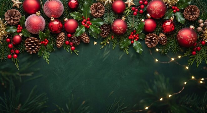 A dark moody green background with top border of pine branches red ornaments cones and warm fairy string lights