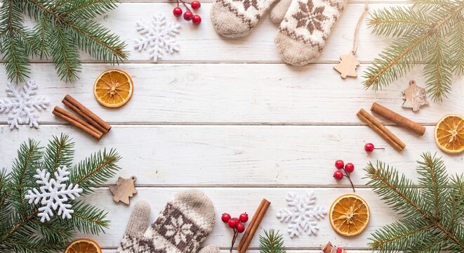 Top view of Christmas background featuring mittens pine cones cinnamon sticks dried orange slices and snowflakes arranged on a white wooden table surface