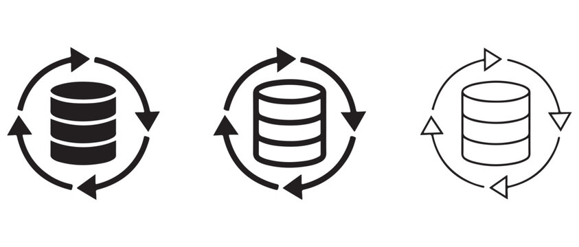 database icons showing data flow and storage with circular arrows isolated on transparent background