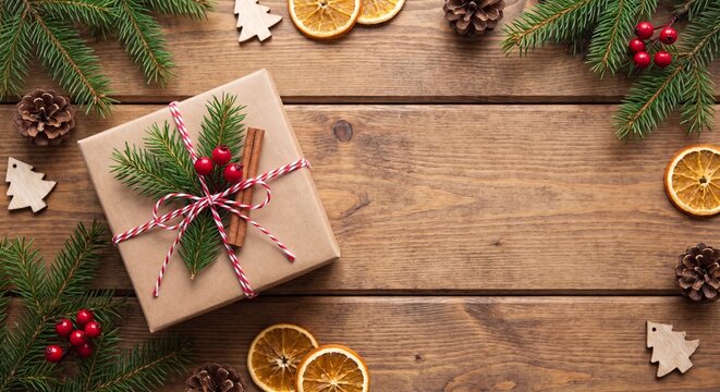 Flat lay of a Christmas gift box wrapped in kraft paper and decorated with ribbon evergreen branches cinnamon and orange slices on a rustic wooden table