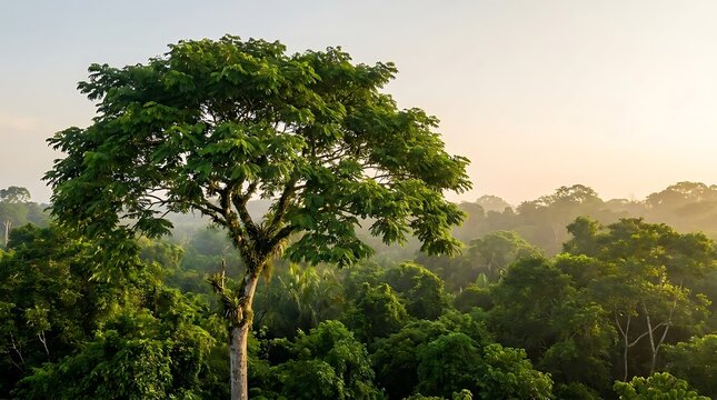 A solitary copaifera officinali tree stands tall above the lush green canopy of a tropical rainforest at dawn with a gentle mist rising in the morning