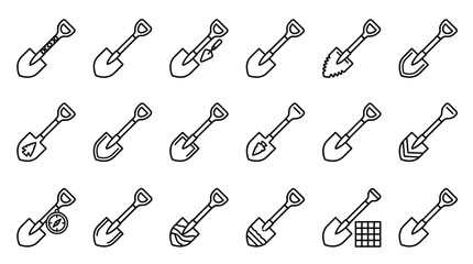 Set of various shovel and spade line icons for gardening and outdoor exploration © bakapi