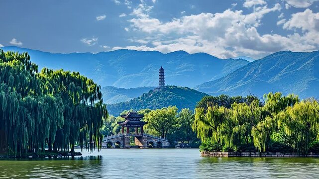 Timelapse video of a beautiful summer day at the West Causeway and Lian Bridge in Beijing's Summer Palace, featuring the Yufeng Pagoda and surrounding nature.