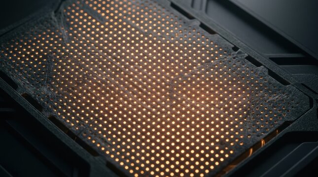 Glowing orange LED grid pattern abstract technology background 3D render digital art
