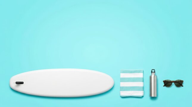 Paddleboard with towel, water bottle, and sunglasses on turquoise background