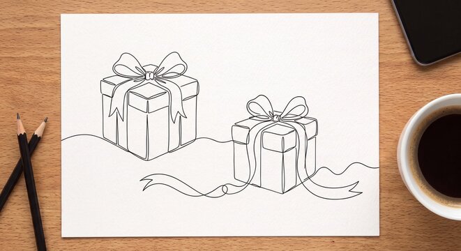 Continuous line art illustration of gift boxes on white paper placed on wooden desk next to coffee cup and pencils