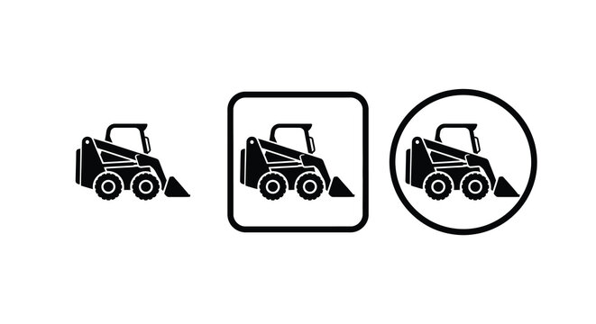 Skid steer loader depictions in black silhouette presented within square and circular frames skidsteer construction vehicle equipment machinery
