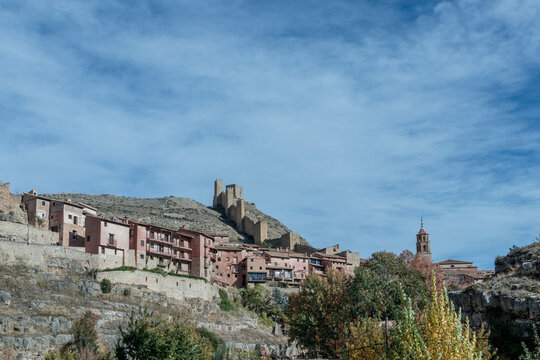 Albarrac&iacute;n medieval village with castle ruins on hillside