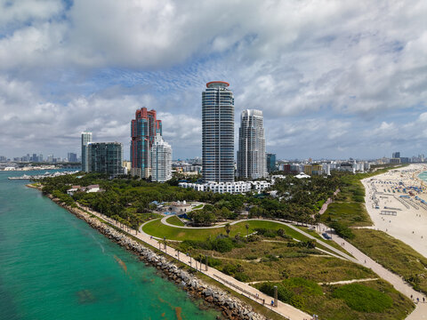 Top view of South Miami Beach. Miami Beach skyline with skyscrapers. Aerial view of Miami Beach in summer.