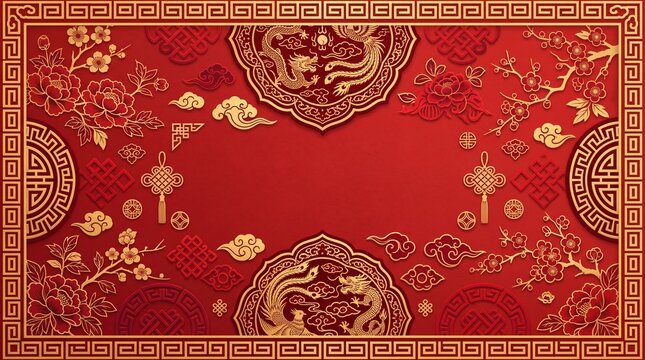 An intricate Chinese traditional red vector background featuring golden dragon motifs and ornate rectangular frame borders with copy space