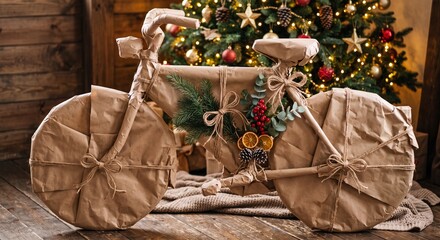 Obraz premium A full size bicycle wrapped entirely in eco friendly kraft paper and twine stands as a surprise Christmas present before a tree.