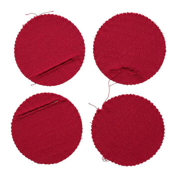 Four red circles with fabric texture isolated on transparent background