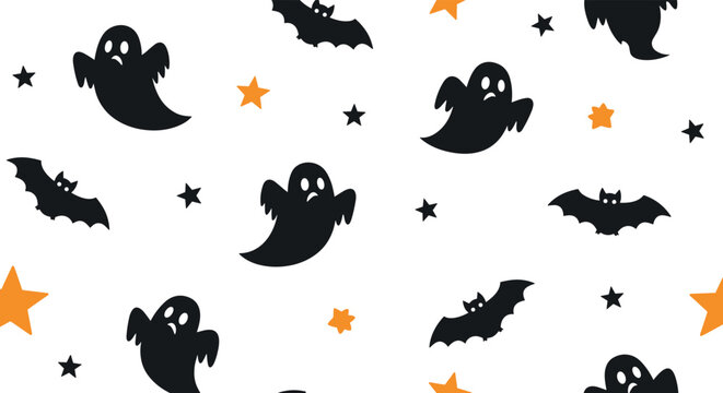 Classic halloween seamless pattern of black ghost and bat silhouettes flying among orange and black stars on a white background.