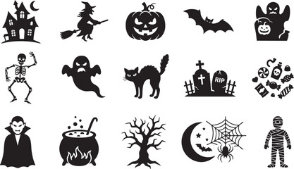 Fototapeta premium Spooky halloween icons collection ghosts skeletons pumpkins witches more for festive designs