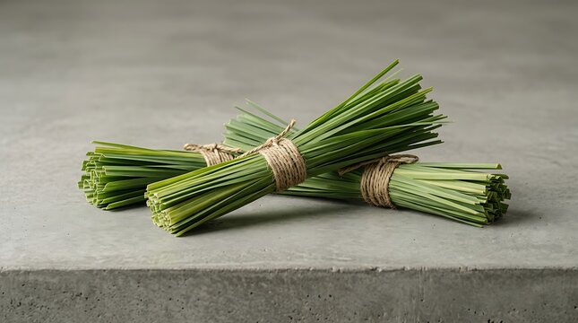 Bundles of fresh cymbopogon nardus citronella grass stems tied with twine resting on a rustic grey concrete background