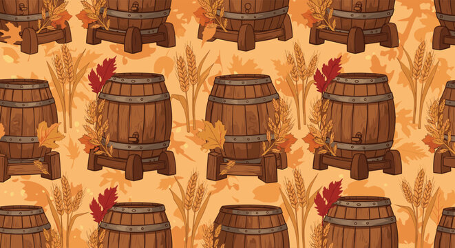 Seasonal seamless pattern showcasing wooden wine barrels on stands surrounded by wheat stalks and colorful autumn leaves.