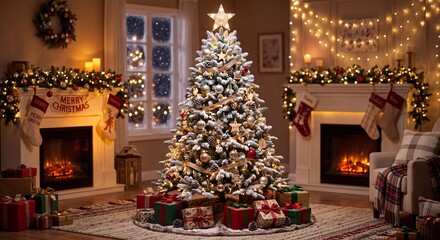 Fototapeta premium A grand luxury living room elegantly decorated for Christmas featuring a massive illuminated Christmas tree in center flanked by two cozy burning fireplaces