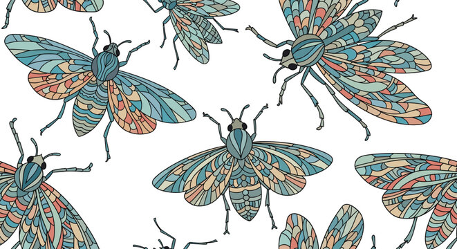 Vibrant and intricate seamless pattern showcasing various colorful cicadas with patterned wings on a white background.