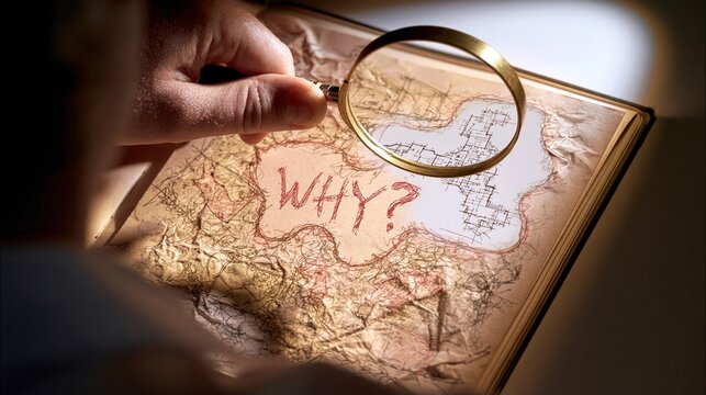 Magnifying glass examining map with why question written in red ink