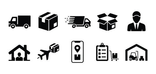 Plakat Logistics and delivery icon set, shipping, transportation and package symbols, solid courier service graphics, editable vector illustration.