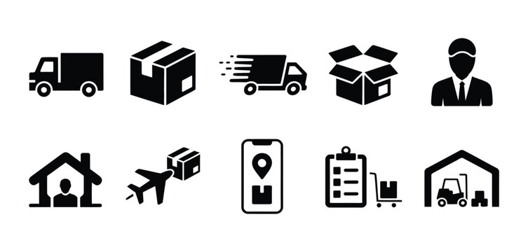 Logistics and delivery icon set, shipping, transportation and package symbols, solid courier service graphics, editable vector illustration.