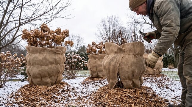 Gardener protecting hydrangea shrubs with burlap covers for winter insulation