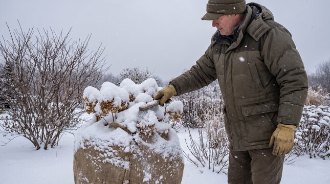 Gardener brushing snow from dormant hydrangea flower heads in winter garden