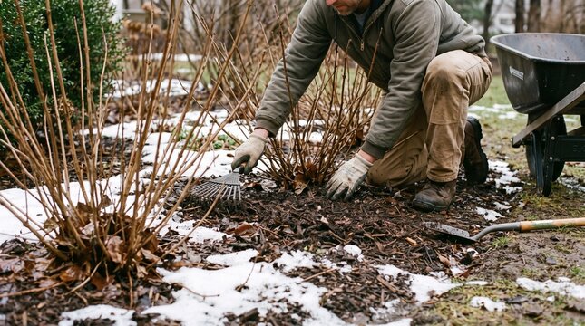 Gardener applying mulch around dormant hydrangea shrubs in late winter