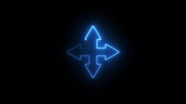 Blue neon glowing 4-way arrow cross concept on dark black background for digital navigation direction movement and game controller cursor icon