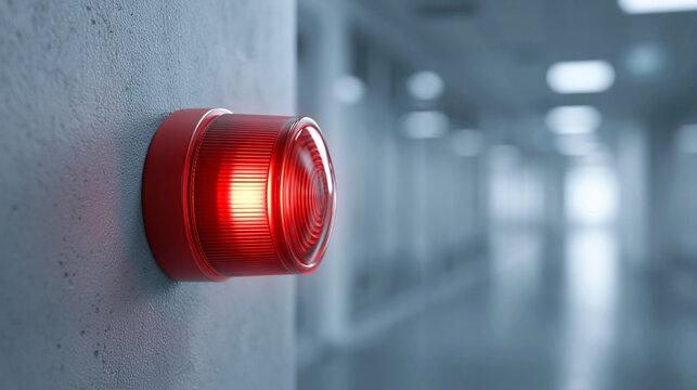 A bright red emergency alarm light flashes on a textured wall in a modern hallway. This image can be used for safety and warning concepts.