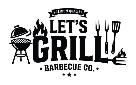 Lets grill barbecue co vintage style emblem with bbq tools and fire flame symbols for restaurant