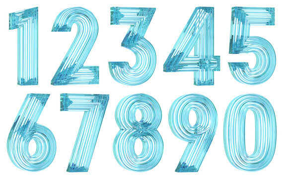 Set of clear light blue volumetric ribbed numbers from zero to nine. 3d illustration isolated on white