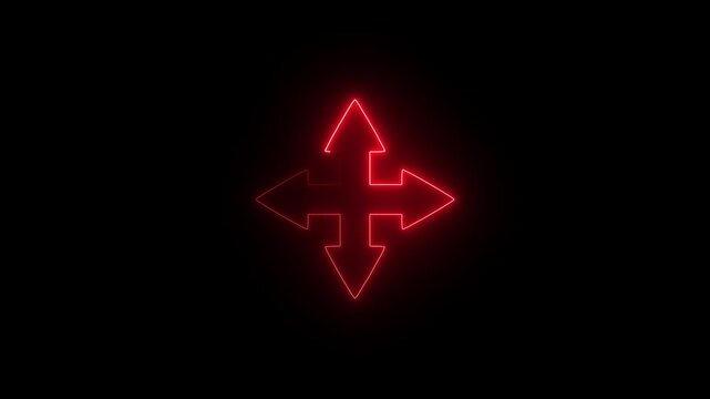 Red neon glowing 4-way arrow cross concept on dark black background for digital navigation direction movement and game controller cursor icon