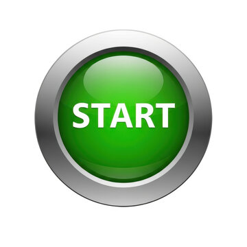 Glossy green circular button with the word start written in white capital letters in the center isolated on transparent background