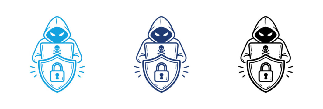 Cyber security hacker icon set with hooded character holding shield and padlock symbol.