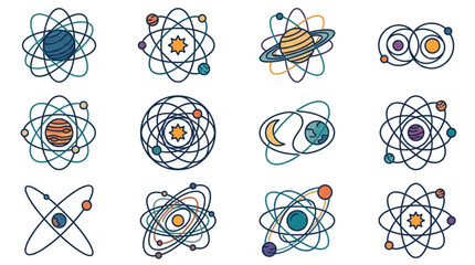Colorful Atomic and Planetary Orbit Illustrations Set. © Lili