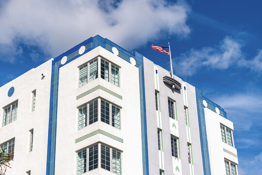 Ocean drive. Miami Beach in Ocean Drive Florida. Art Deco building architecture. Architectural building. Art deco. Architectural district Art Deco. Modern building of Miami beach with USA flag