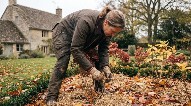 Woman spreading straw mulch around plants for winter garden protection