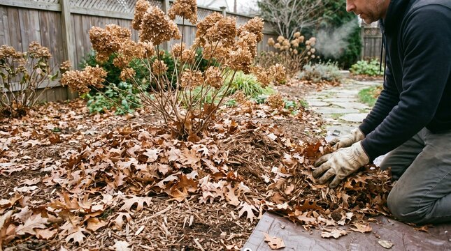 Gardener covering flower bed with fallen leaves for winter mulch
