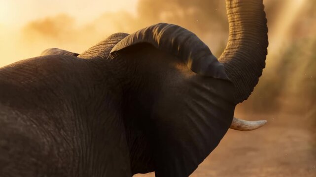 an elephant trunk moves dynamically in a desert setting with sand and dust clouds around it, creating a natural and vivid scene for wildlife and nature documentaries.
