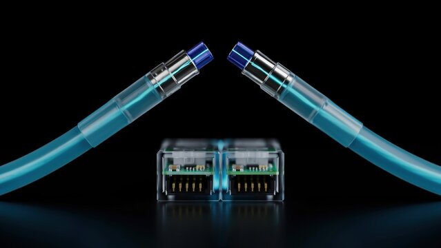 Macro view of blue ethernet network cable connectors for high speed internet