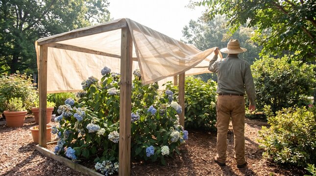 Gardener covering blooming hydrangeas with shade cloth for plant protection